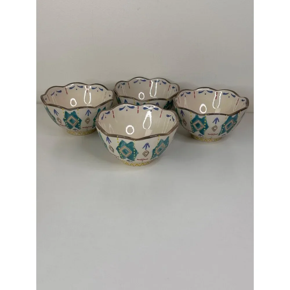 Set Of 4 Hand-Painted Southwest Aztec Boho Ceramic Bowls With Scalloped Edges